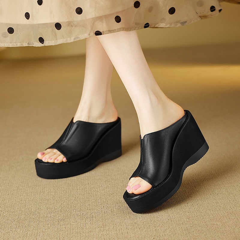 Dép sandal cao gót nữ mũi cá, đế xuồng dày, quai ngang, gót 8 cm — đen