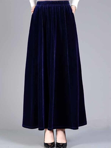 Gold velvet elastic half-length skirt, A-line skirt, women's large-size dance dress, high waist, slimming, all-match long dress