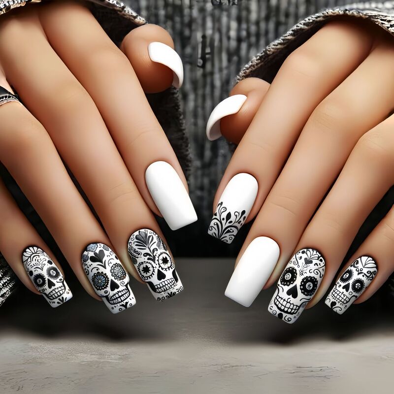 Halloween Nail Art Patch Mid-Length European Square Nail Art Patch White Nail Art Personalized Art Skull Picture