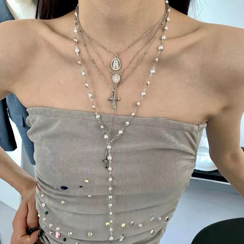 欧美多层叠戴十字架项链女小众轻奢高级感金属冷淡风锁骨链配饰|undefined