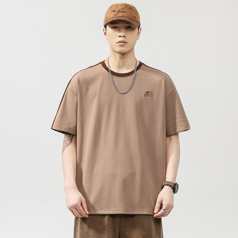 Men's summer new round neck short sleeved T-shirt men's simple loose patchwork top_voghion.com