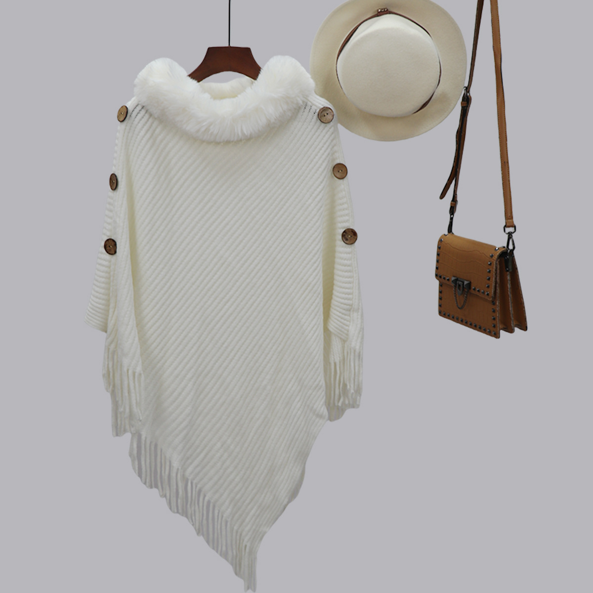 Capa de cuello de lana europea y americana transfronteriza diseño medio largo botón lateral chale de punto