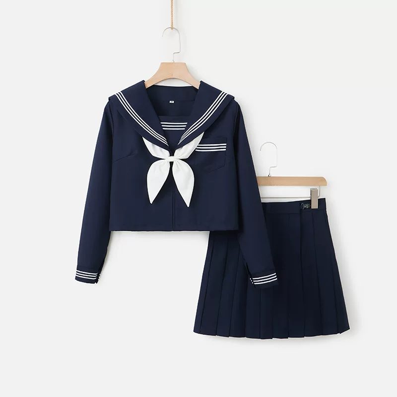Японская школьная плисированная юбка, темно-синяя мини-юбка, базовый комплект, с длинным рукавом