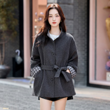 撞色格子拼接风衣外套女2025秋新款宽松显瘦外穿呢子大衣女RX9279