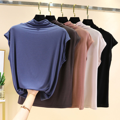 modal Sleeveless T-shirt summer Internal lap Self cultivation High collar Short sleeved Base coat Solid Versatile Western style jacket