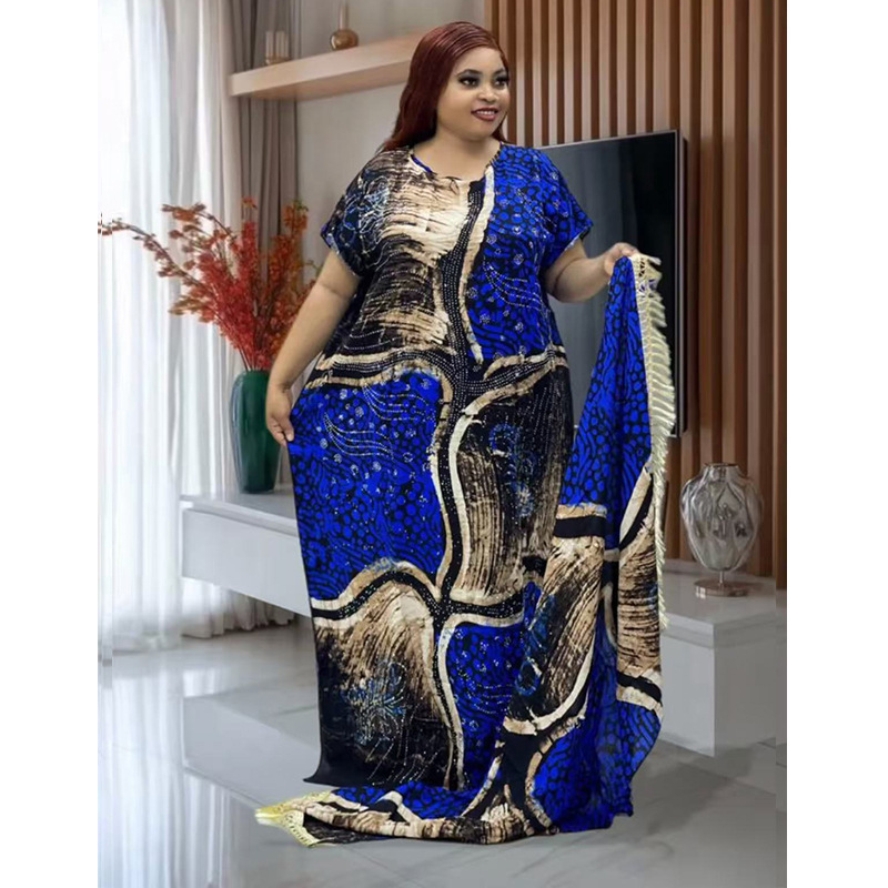 Cross-Border Foreign Trade Women's Clothing Plus Size Casual New Hot Diamond Rayon Long Skirt Printed Fashion Large Headscarf Dress Africa