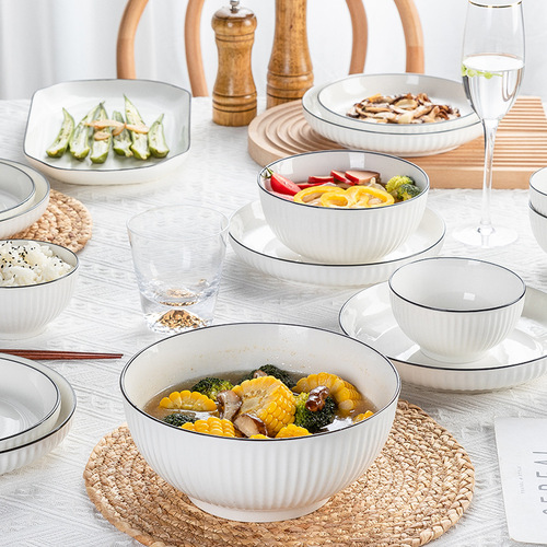 Ceramic tableware set with Yamada vertical pattern, popular household bowl and plate set, DIY tableware, freely combinable bowl and chopsticks, wholesale