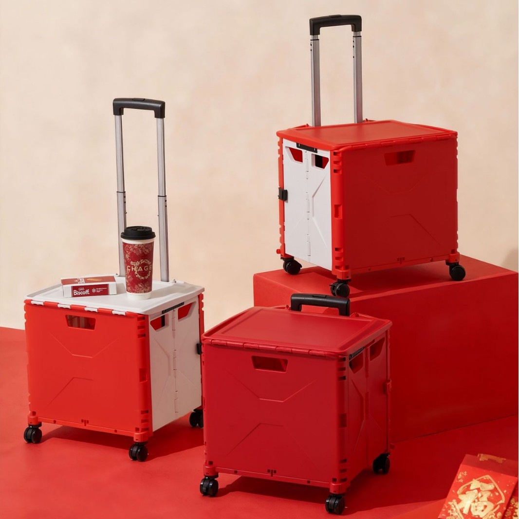 Red Trolley Shopping Cart for Women's Day, Large Capacity Foldable Shopping Cart for Outdoor Use, Car-Mounted Snacks