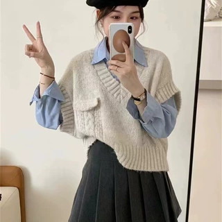 2025新款宽松无袖针织坎肩上衣女潮学院风V领毛衣马甲背心女秋季