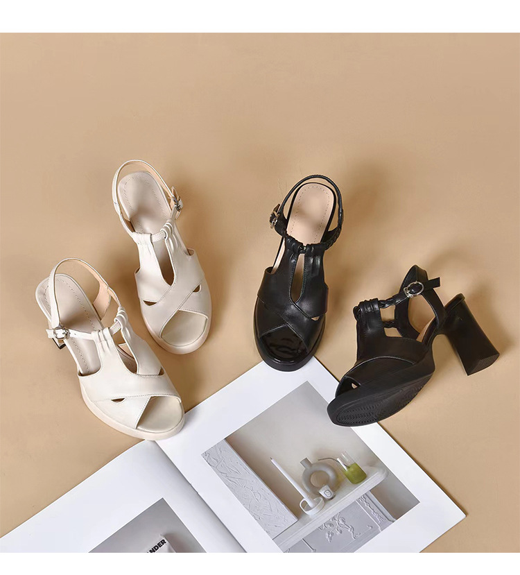 Sandal cao gót nữ đế dày da thật phong cách La Mã, gót 9 cm — Màu đen chi tiết 11