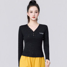 秋季新款百搭暗扣细闪修身显瘦爵士长袖V领上衣时尚气质内搭女