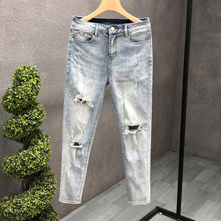 Light-Colored Ripped Jeans Men's Slim Fit Petite Spring and Summer Trendy Brand Beggar 2025 New Casual Nine-Point Pants