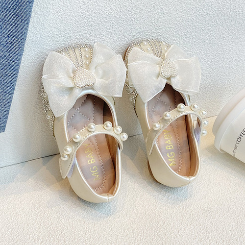 Korean Sweet Large Bow Girl's Princess Shoes with Water Stones  Autumn New Children's Small Leather Shoes Pearl Single Shoes