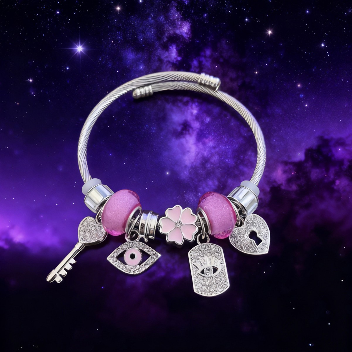 Explosiones transfronterizas Panjia brazalete de acero inoxidable rosa diamante aleación diablo ojo llave cerradura joyas de flores de amor
