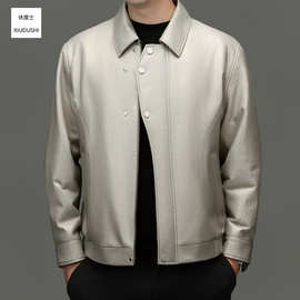 男士高端真皮绵羊皮皮夹克中年翻领商务休闲纯色百搭亮面皮衣男潮