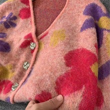 姐妹福音 绵羊毛马海毛羊驼毛彩色花朵长袖针织开衫毛衣 柜1990