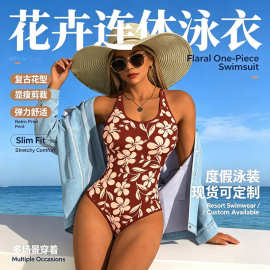 2026欧美新款连体复古红色印花挂脖系带露背性感跨境比基尼女士