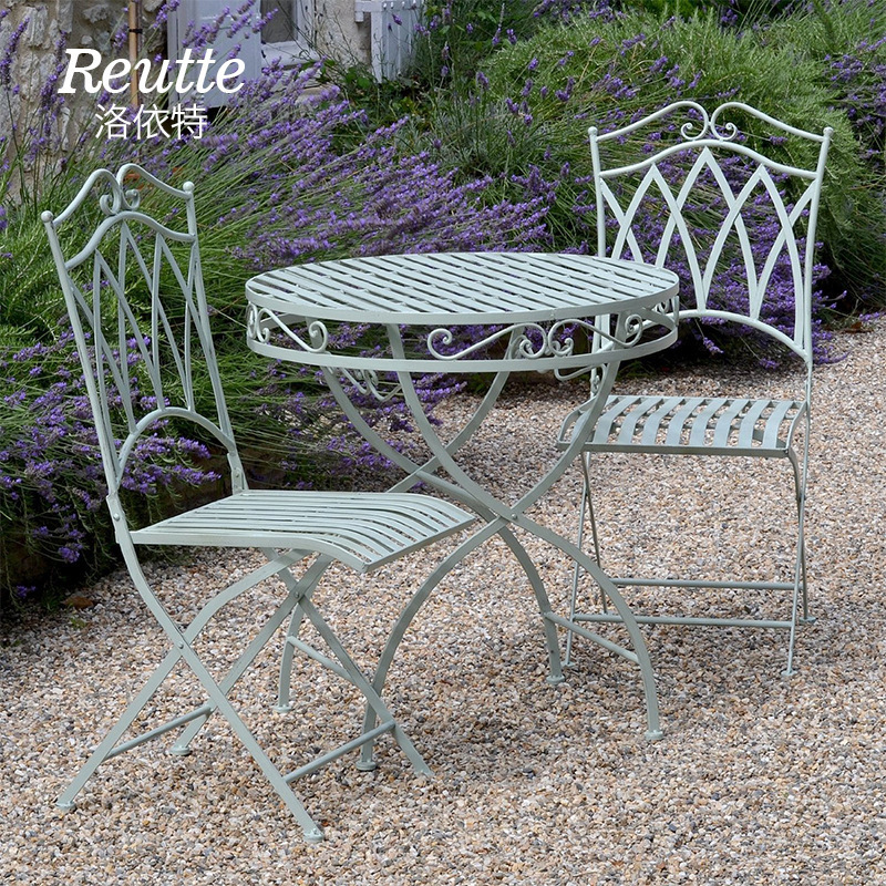Wrought Iron White Retro Outdoor Table and Chairs for Milk Tea Shop, Folding American-Style Courtyard Garden Table and Chairs, Outdoor Furniture Wrought Iron White Retro Outdoor Table and Chairs for Milk Tea Shop, Folding American-Style Courtyard Garden Table and Chairs, Outdoor Furniture