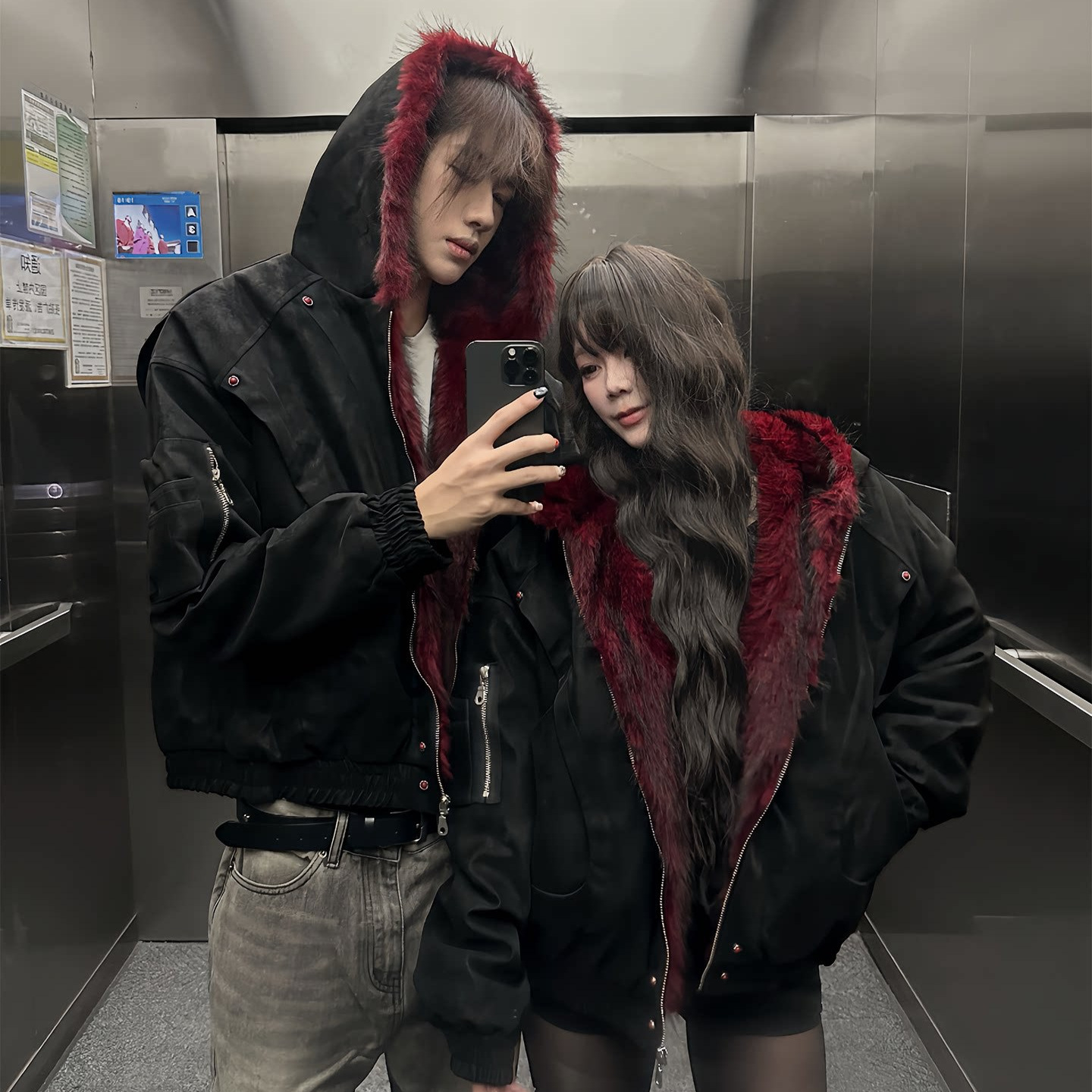 美式复古座山雕连帽夹克棉服男女pu皮高质秋冬加绒短宽上衣