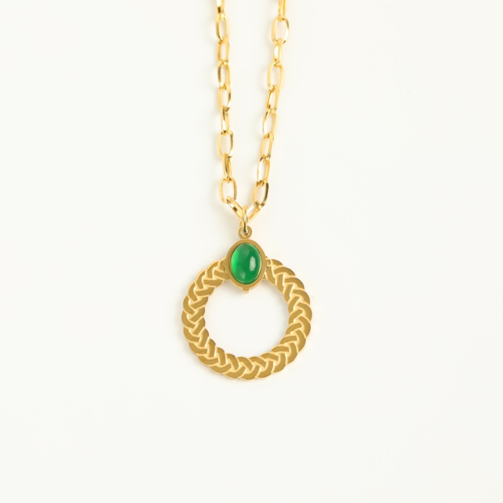 Fashion Geometric Inlaid Green Agate Embossed Emerald Zircon Stainless Steel Necklace display picture 1