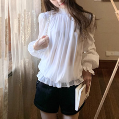 2025秋季新款 纯白美学 早秋bi备温柔简约花瓣袖奶白长袖衬衫上衣