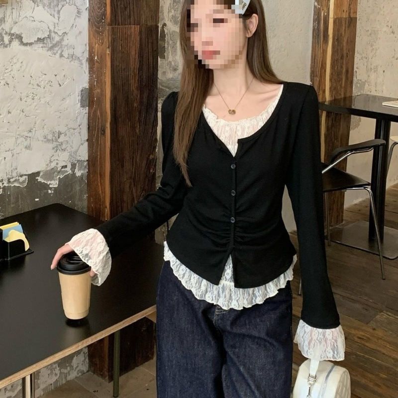 内搭拼接秋季假两件上衣穿搭蕾丝大码女装胖mm2025韩系打底衫T恤|undefined