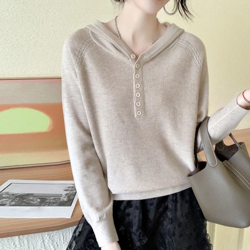 【 Cashmere Family】 Maglione con cappuccio in lana da donna, felpa corta con cappuccio per mamme di mezza età, strato interno in maglia larga_voghion.com