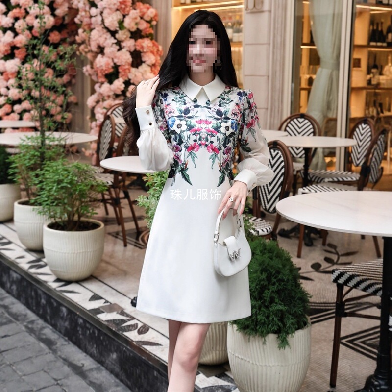 French-Style Women's Mid-Length Dress with a Slimming Effect, Transparent Lettering, and a Fresh Autumn Sleeve Design with a Unique Print