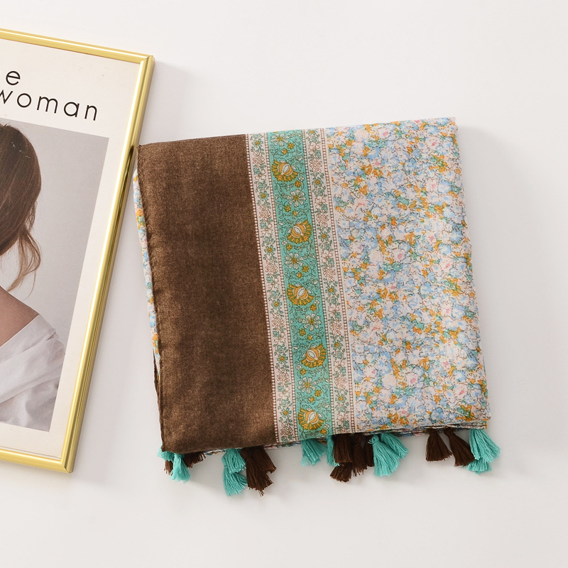Nuevo estilo étnico caliente floral fresco borla decorativa bufanda de seda de algodón y lino de las mujeres sensación bufanda protector solar Toalla de playa