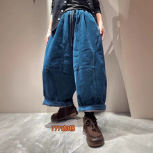 灯芯绒拼接棉裤女2025冬季新款宽松百搭松紧腰时尚复古直筒裤7771