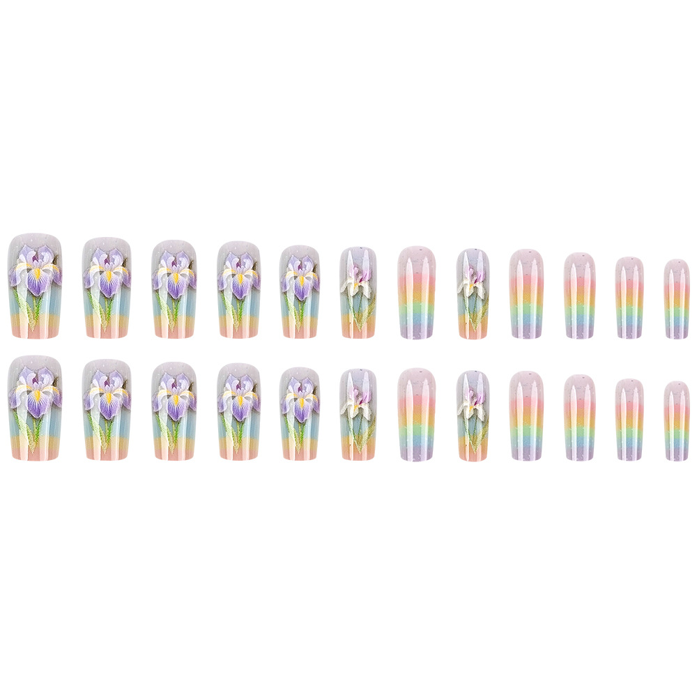 Arte de uñas con diseño de flor de iris en degradado de arcoíris, puntas de uñas de estilo dulce y de ensueño, juego de 24 pegatinas de uñas postizas.