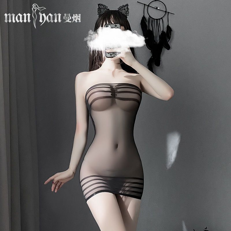 Sy Sexy Stockings Sexy See-Through Stripesd Tube Top Hip Tight Mesh Jumpsuit Stockings Low-Cut Tight Skirt