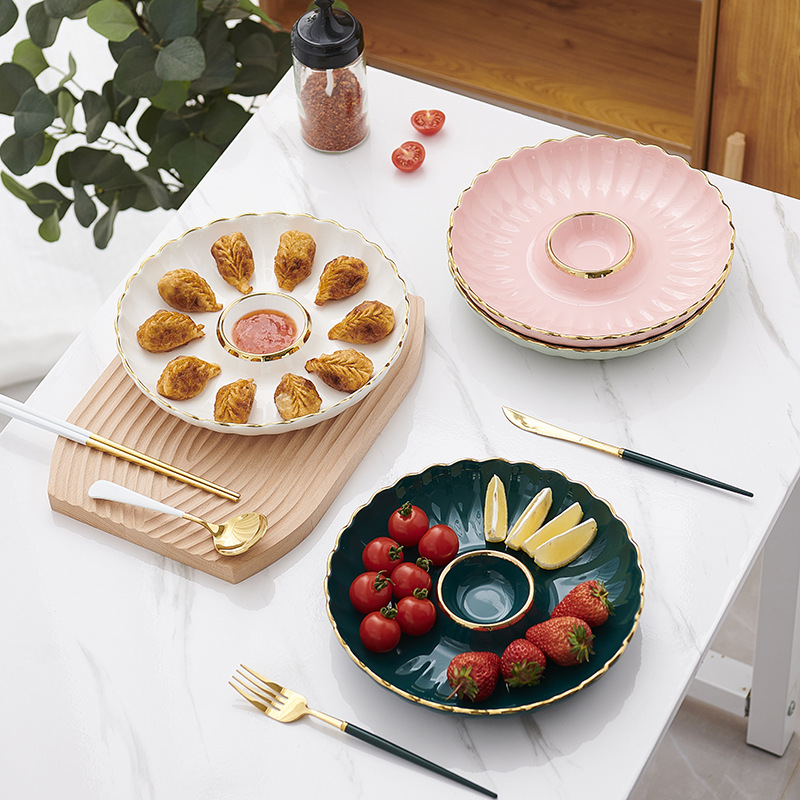 北欧陶瓷饺子盘带醋碟酒店家用点心盘带蘸料碟创意圆形金边盘子
