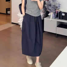 韩系花苞裙女夏季2025新款时尚简约松紧腰宽松显瘦抽绳半身中长裙