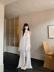 リボン V ネックルーズノースリーブシャツベスト女性の夏の禅スーツ薄いカジュアルワイドレッグパンツ 2 点セット