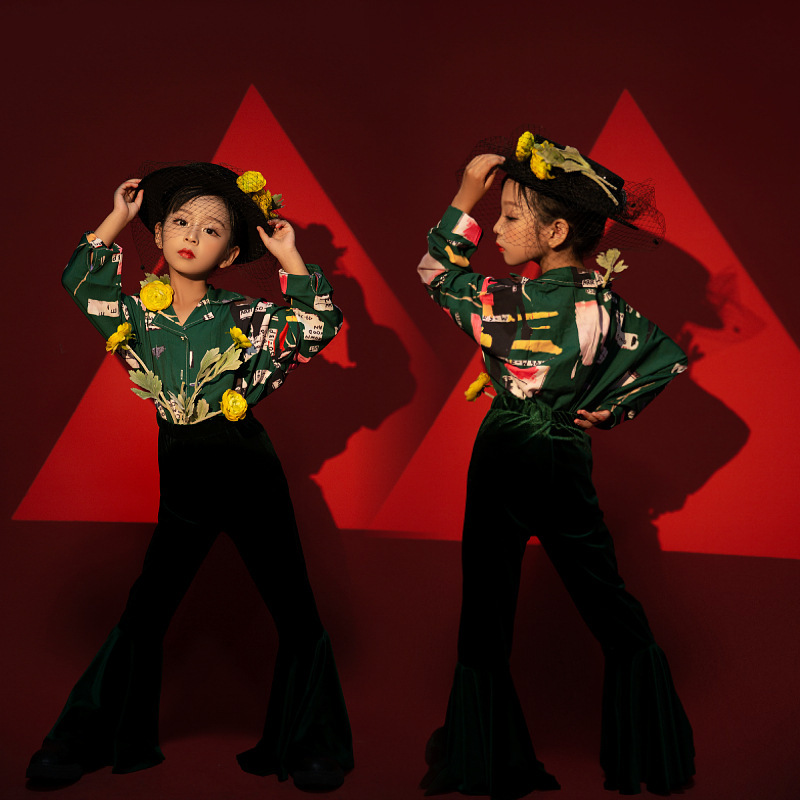 Studio girls retro Hong Kong style flared pants children's T-stage catwalk show motorcycle style car model competition performance