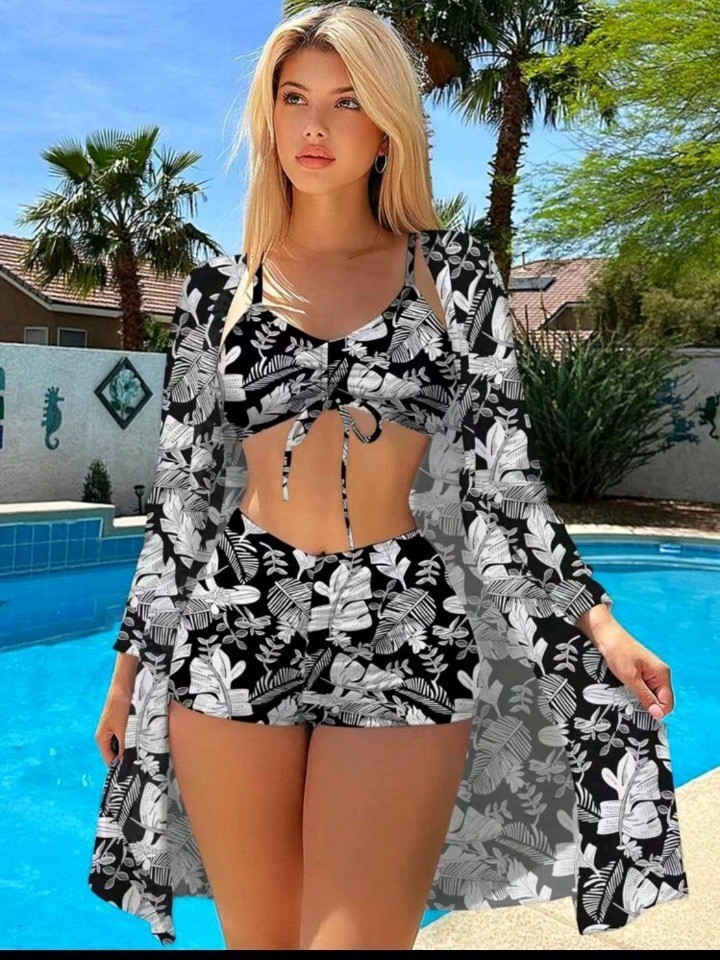 231g Weight Long Sleeve Sleeve Length Polyester Fabric Type Shorts Co-ord Set Sets Type 3 Pieces Set Quantity Swimming Occasion 3 Pieces Set Neckline Regular Fit Fit Type Bohemian Pattern Women's Gender Sexy Style Women's Sexy Bohemian 3 Pieces Set Bikinis Swimwear 13