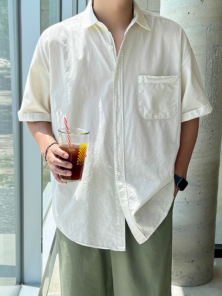 Myqシンプルな純色半袖シャツ男性夏のゆるいカジュアルシャツ韓国版トレンド襟半袖上着