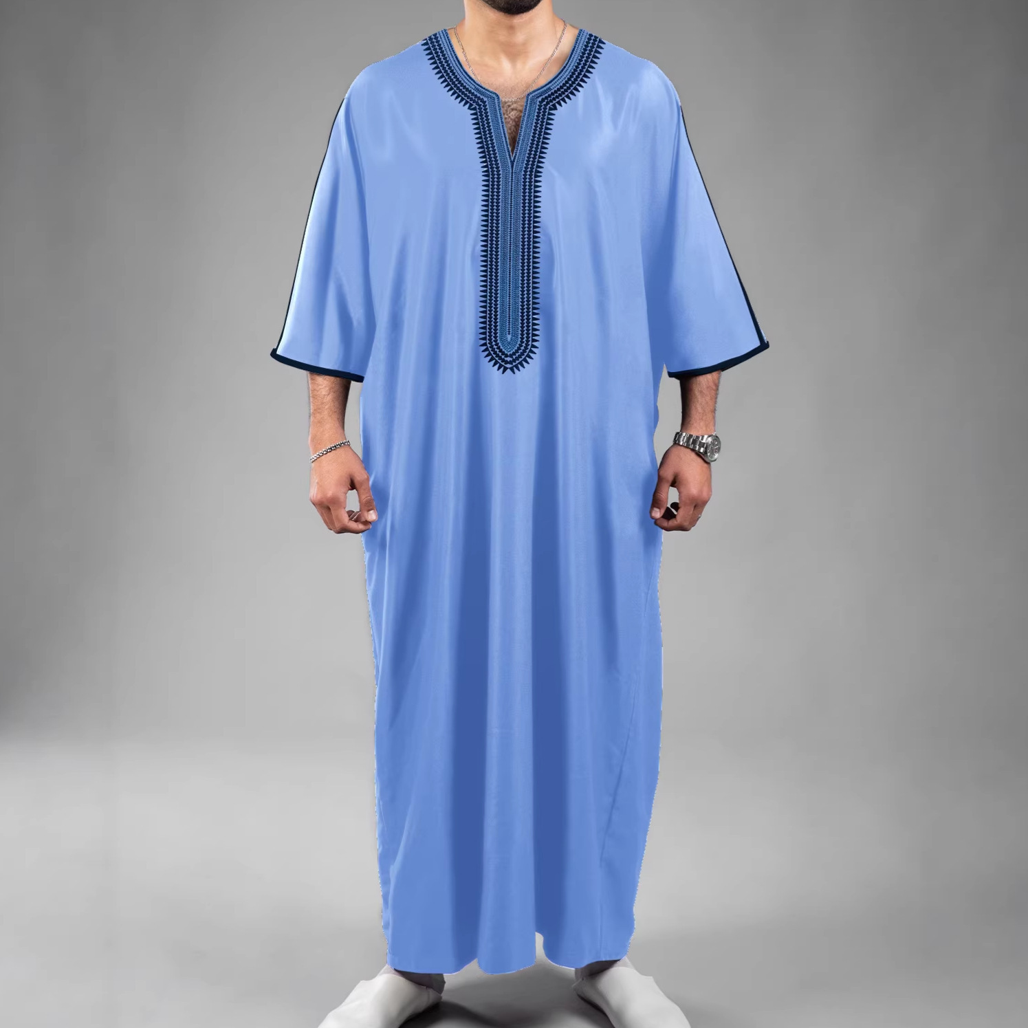 2026 New Model Solid Color Mid-Sleeve 3D Digital Print Ethnic Moroccan Men's Robe, True to Size
