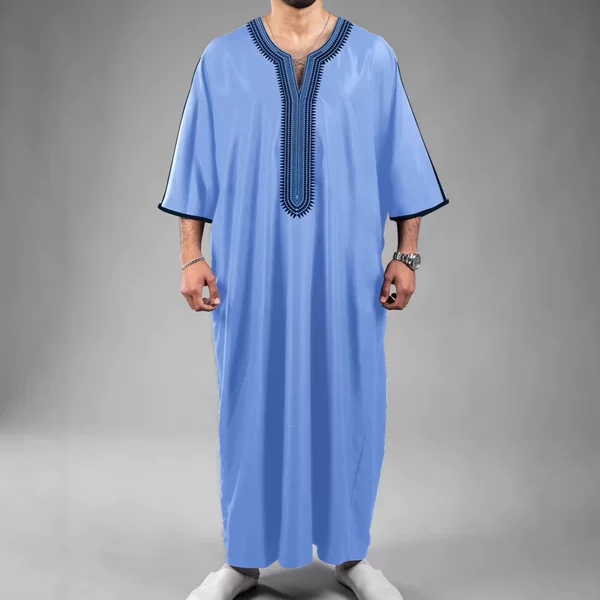 2026 New Model Solid Color Mid-Sleeve 3D Digital Print Ethnic Moroccan Men's Robe, True to Size