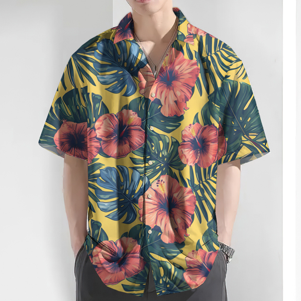 2024 Camisa de manga corta estampada hawaiana para hombre, talla europea, playa, fábrica de camisas para hombre hawaiano
