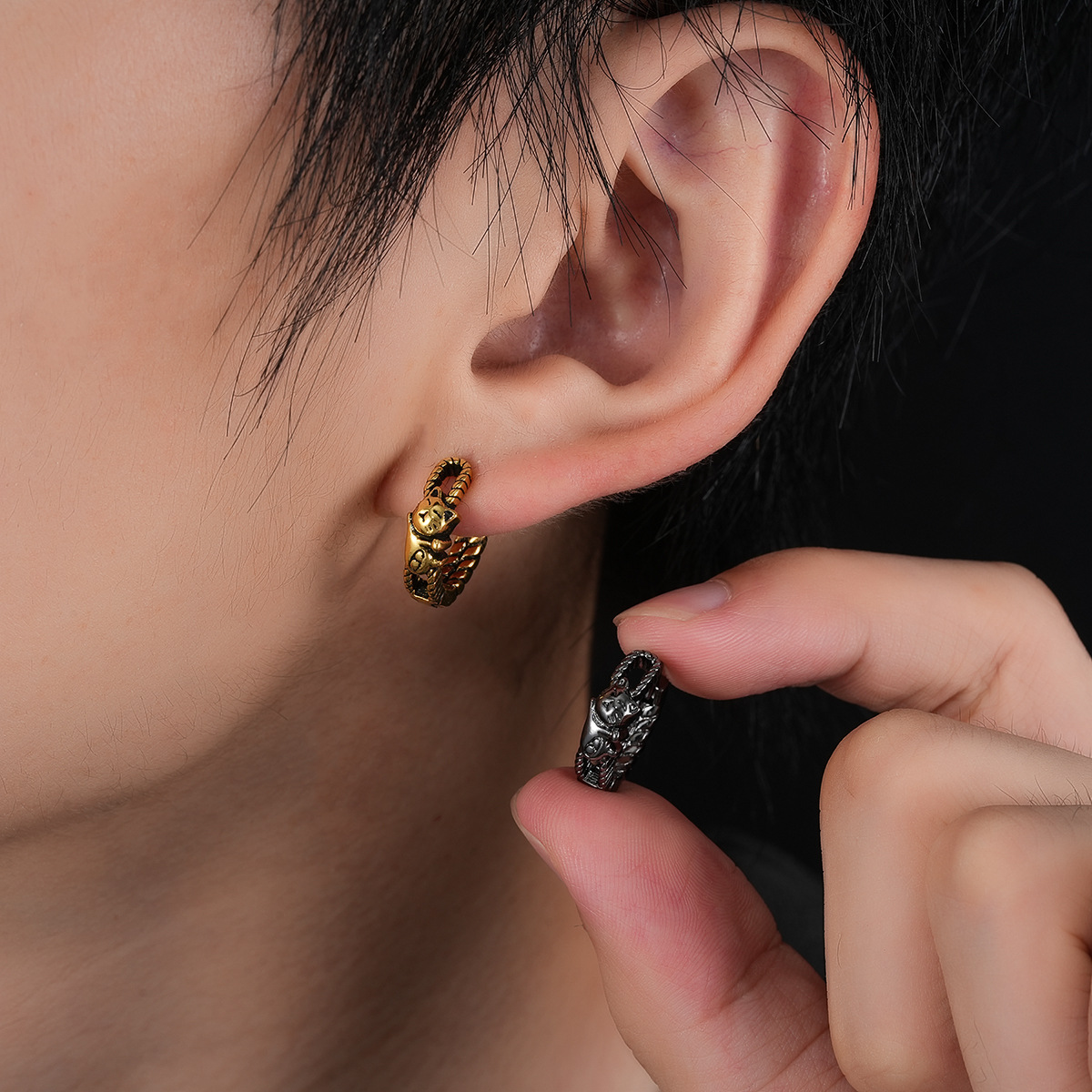 Retro Lucky Cat Earrings for Men, Fashionable and High-End Braided Kitten Earrings for Women, National Fashion Simple Imitation Thai Silver Earrings