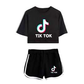春夏新款 厂家直销tik tok宽松大码露脐短袖短裤套装女夏季