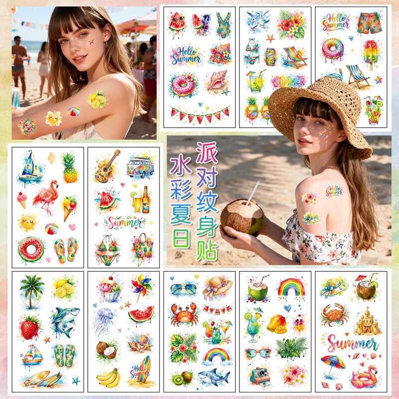 Cross-Border New Watercolor Summer Cartoon Tattoo Stickers Summer Beach Pool Party Decoration Temporary Tattoo Stickers