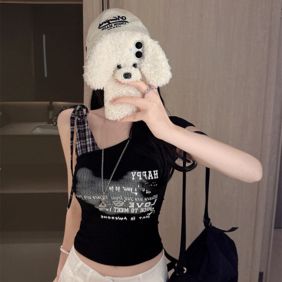 5146 # Hot Girl Style Patchwork Slanted Shoulder Vest Summer American Retro Letter Print Short Slim Top