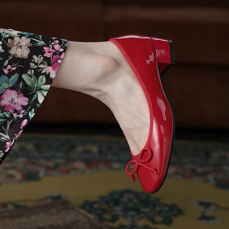 2025 Spring New Red Shoes Genuine Leather French Bow Slip-on Ballet Shoes Chunky Heeled Mid-heel Shallow Mouth Single-layer Shoes 2025 Spring New Red Shoes Genuine Leather French Bow Slip-on Ballet Shoes Chunky Heeled Mid-heel Shallow Mouth Single-layer Shoes