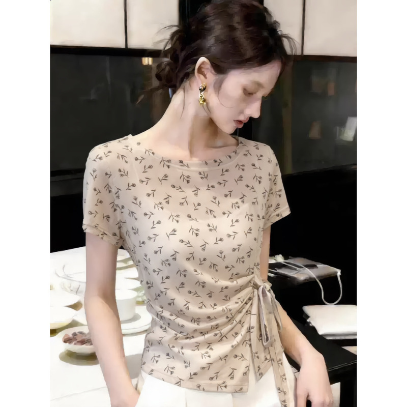 Floral Thin Short-Sleeved Mesh T-Shirt for Women, New Summer Style, Slim Fit, Asymmetrical Straps, Stylish Round Neck Design Top