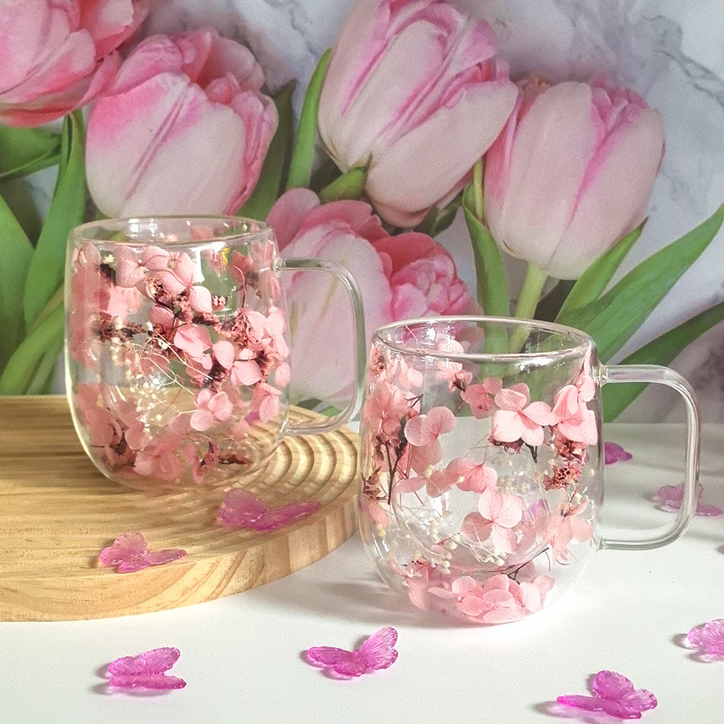 Taza de flores secas fresca pequeña Taza de vidrio de doble capa Taza de recuerdo creativa Suministro transfronterizo Taza de flores secas de alto valor