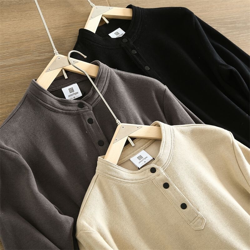 Men's Stand Collar Sweatshirt, Autumn 2025 New Trendy Brand, Loose Fit, Henley Collar, Heavyweight Long-Sleeve Pullover Jacket