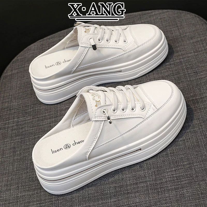 Женские закрытые мюли из натуральной кожи, новая модель весны-лета 2025 года, лоферы без задника на толстой платформе, белые туфли.